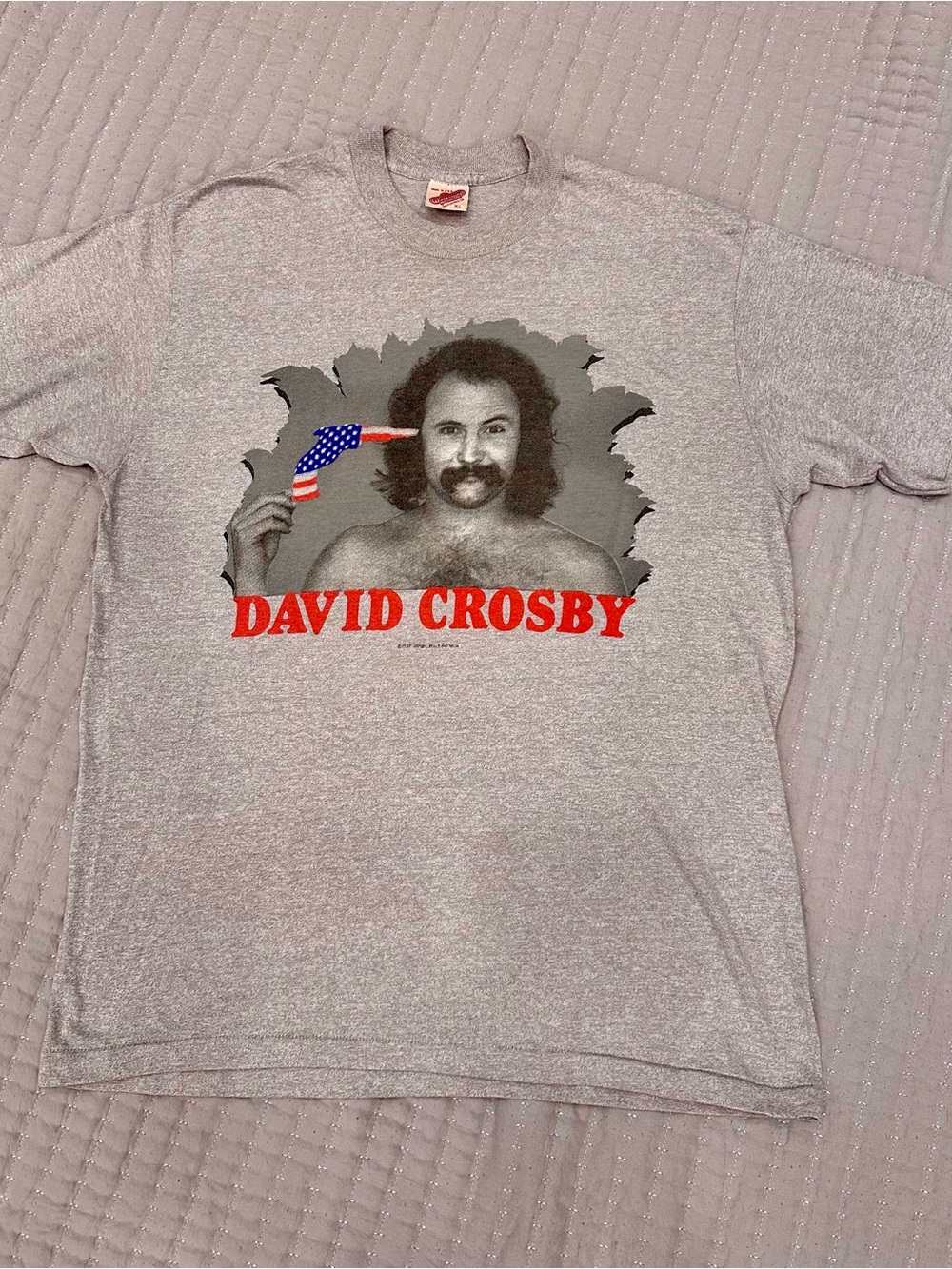 Vintage David Crosby 1985 Gray Graphic Tee with Red and Blue Accents